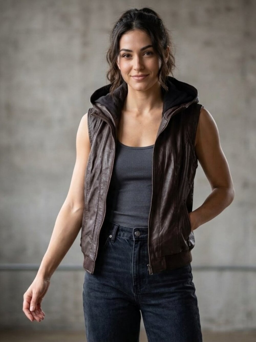 PLEASE Brown Faux Leather Hooded Vest Quilted Lining Moto Grunge Y2K